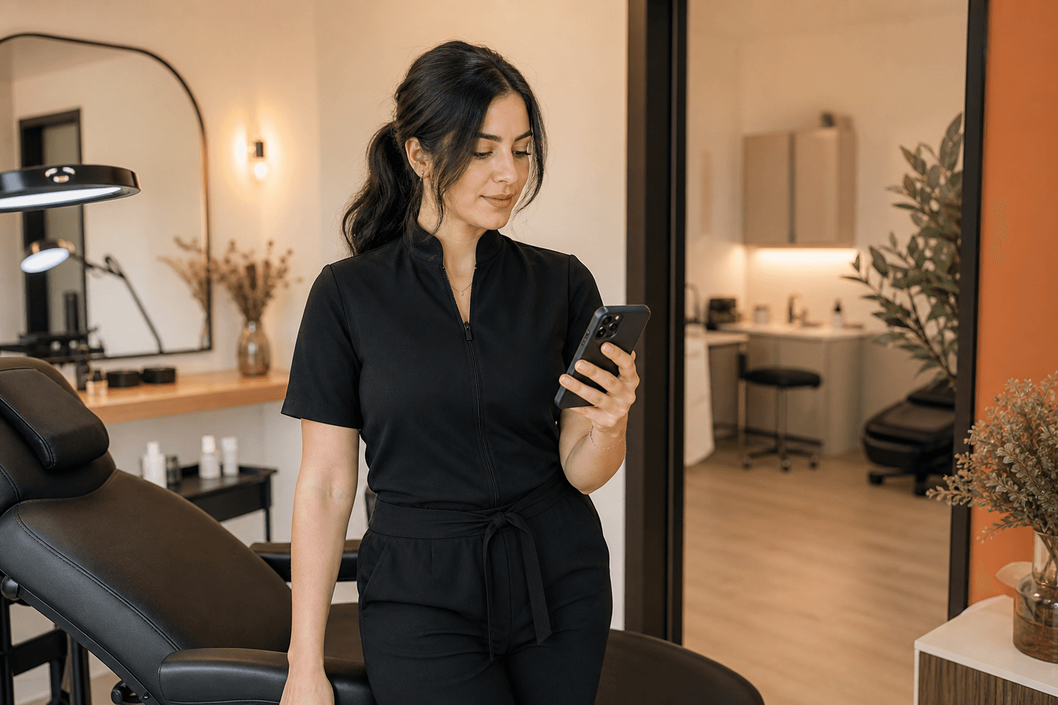 Propietaria de estudio consultando el teléfono junto a una cabina de micropigmentación